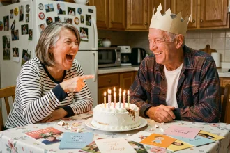 Couple d'anniversaire de mariage qui se chambre autour d'un gâteau raté dans une cuisine familiale, ambiance humoristique et tendre