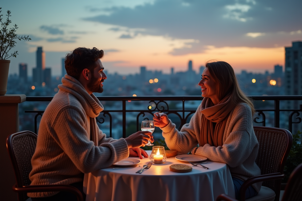 Couple sur un balcon avec vue sur la ville au crépuscule