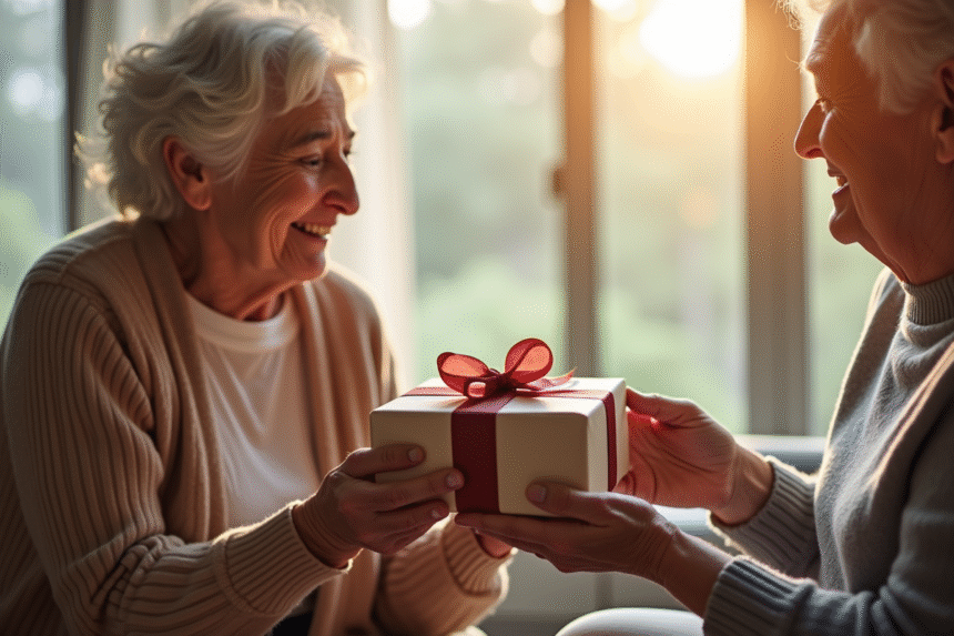 Couple d'ainés échangeant un cadeau dans un salon lumineux