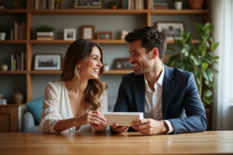Couple en semi-formal échangeant des cadeaux de mariage dans un salon chaleureux