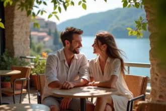 Jeune couple marié discutant au café face à la mer