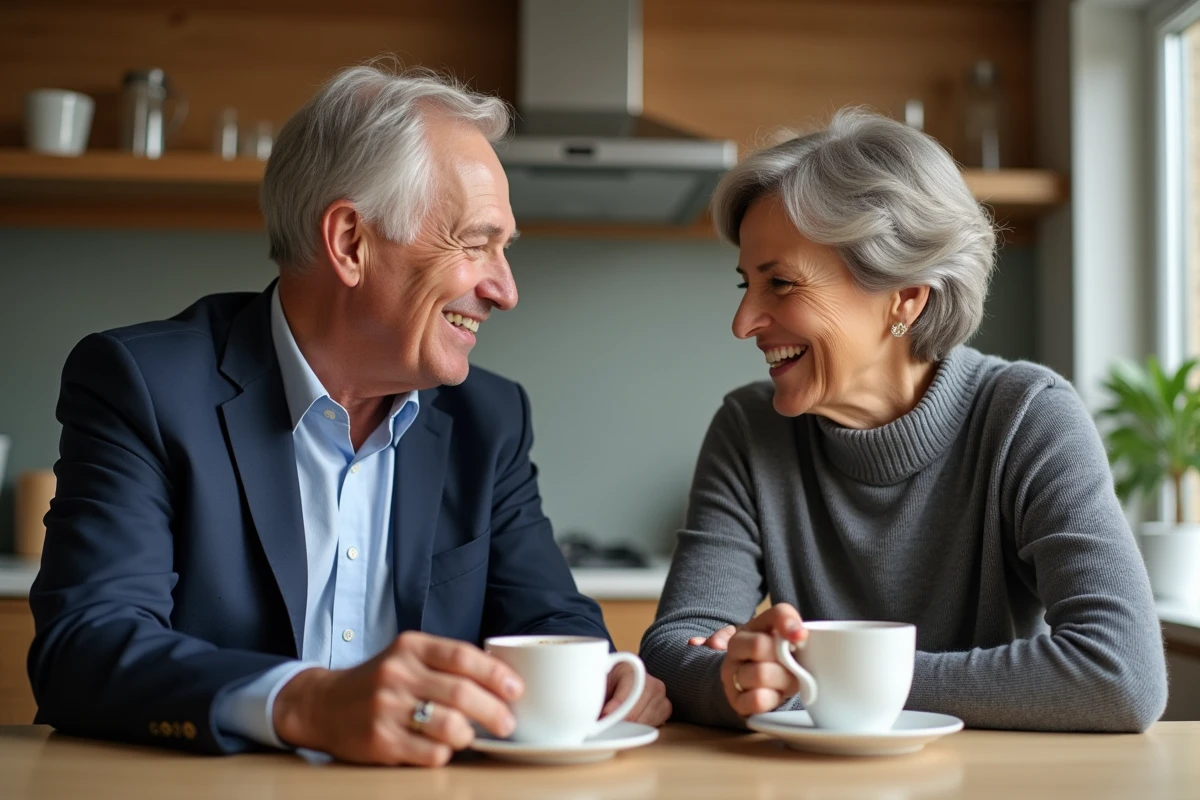 Couple mature partageant un café à la maison