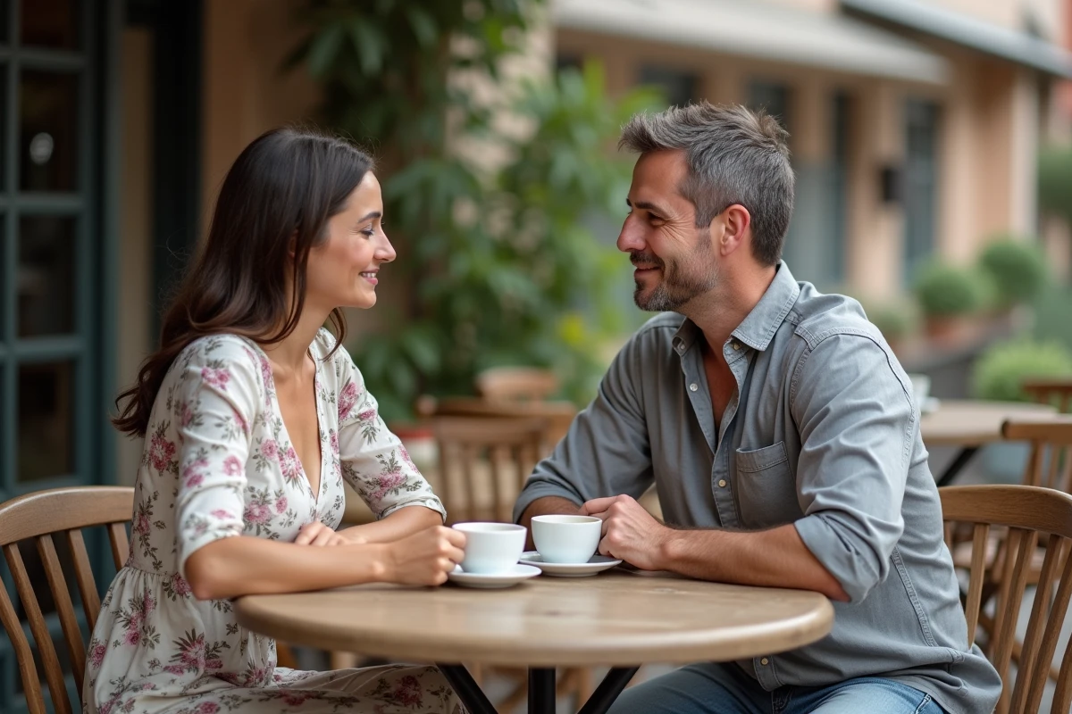 Couple partageant un café en terrasse dans un bistrot parisien, ambiance lifestyle et complicité
