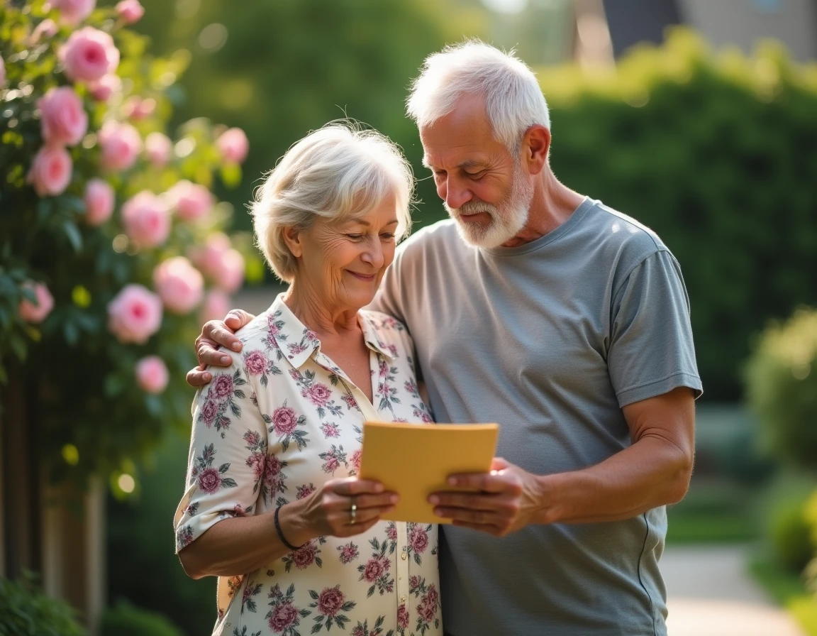 Couple lisant ensemble une carte d'anniversaire de mariage manuscrite dans un jardin fleuri