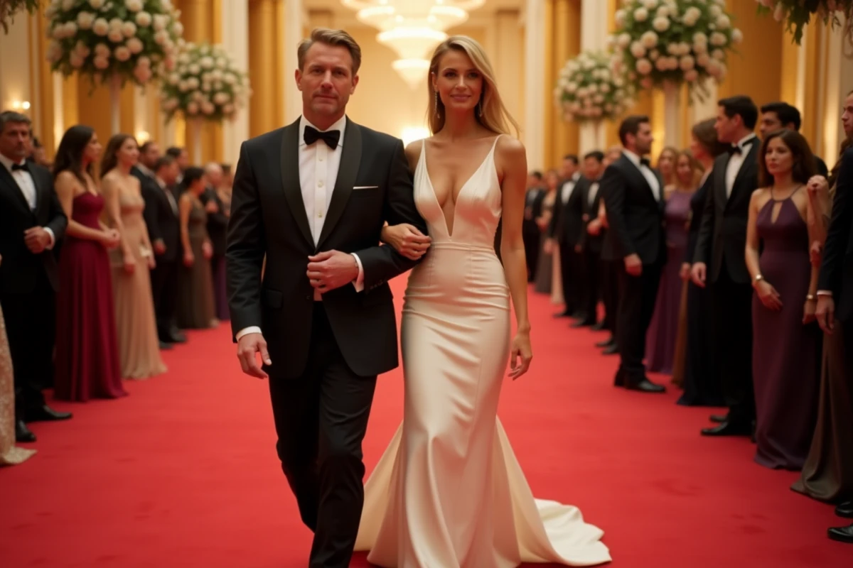 Couple de célébrités marchant sur un tapis rouge lors d'un gala de luxe, représentant la vie publique et mondaine des stars