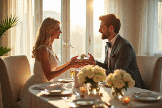 Couple élégant échangeant des cadeaux dans un salon lumineux