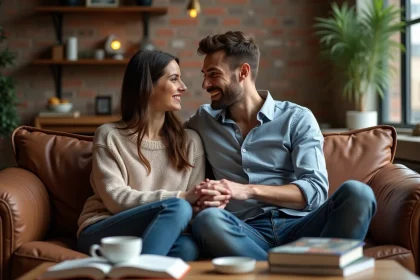 Jeune couple assis sur un sofa en ville cosy