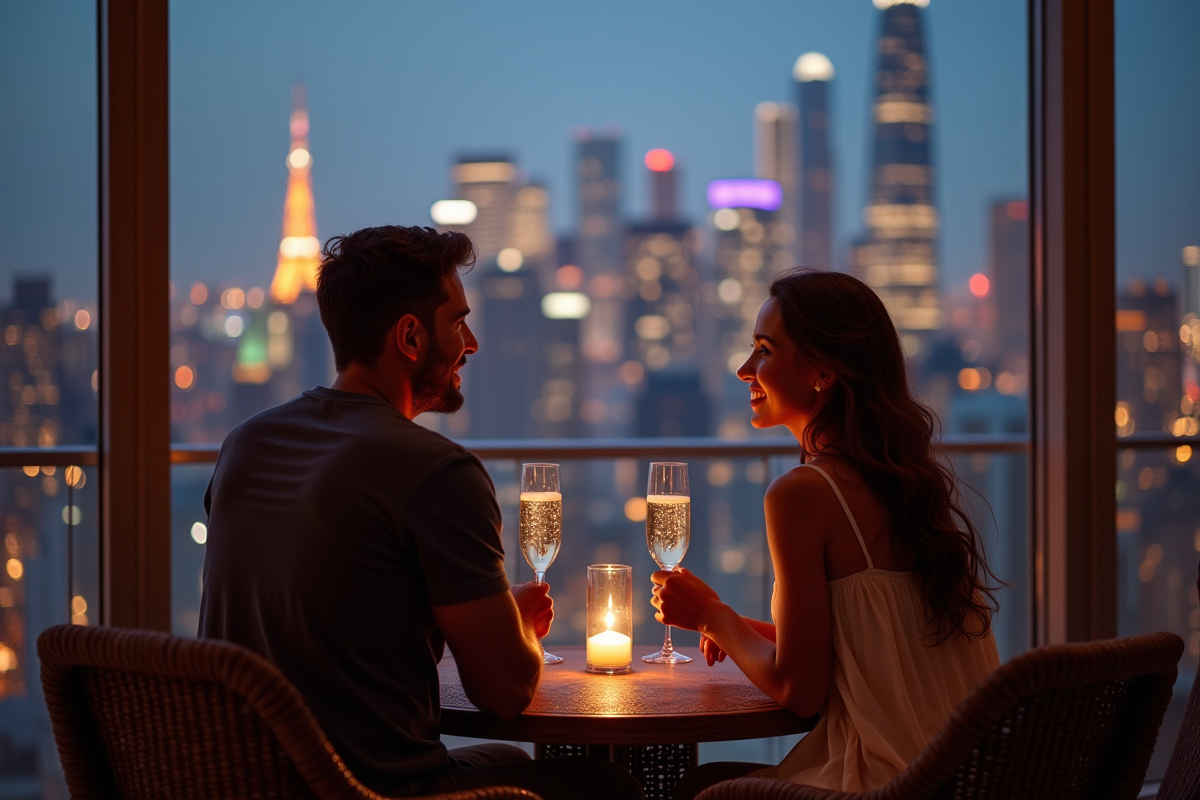 Couple souriant sur la terrasse avec vue sur la ville la nuit