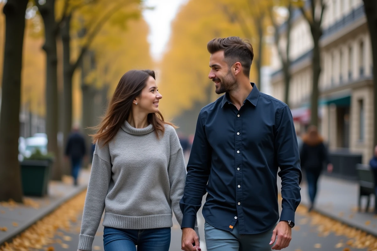 Couple discret se promenant dans une rue parisienne en automne, symbolisant le respect de la vie privée des personnalités