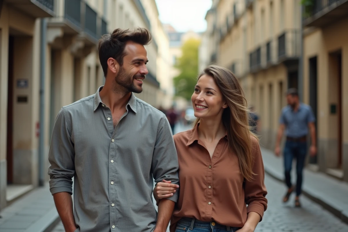 Couple discret marchant dans une rue parisienne pavée en automne, vie privée préservée loin des médias, style éditorial authentique