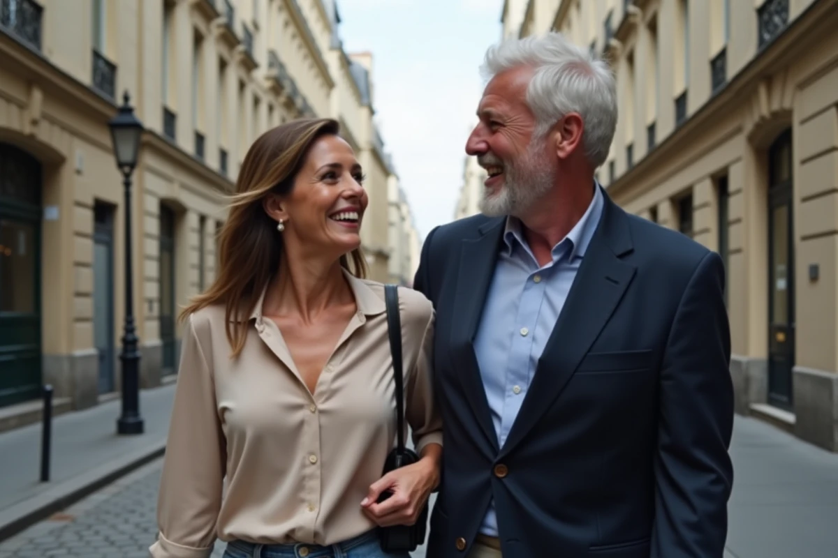 Couple élégant marchant et riant sur un boulevard parisien aux façades haussmanniennes