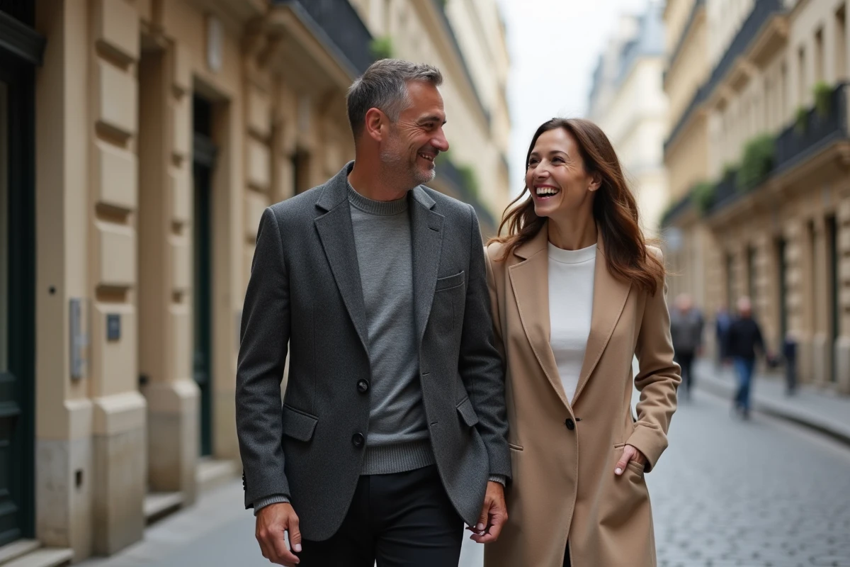 Couple élégant marchant ensemble dans une rue pavée parisienne, ambiance lifestyle éditorial romantique