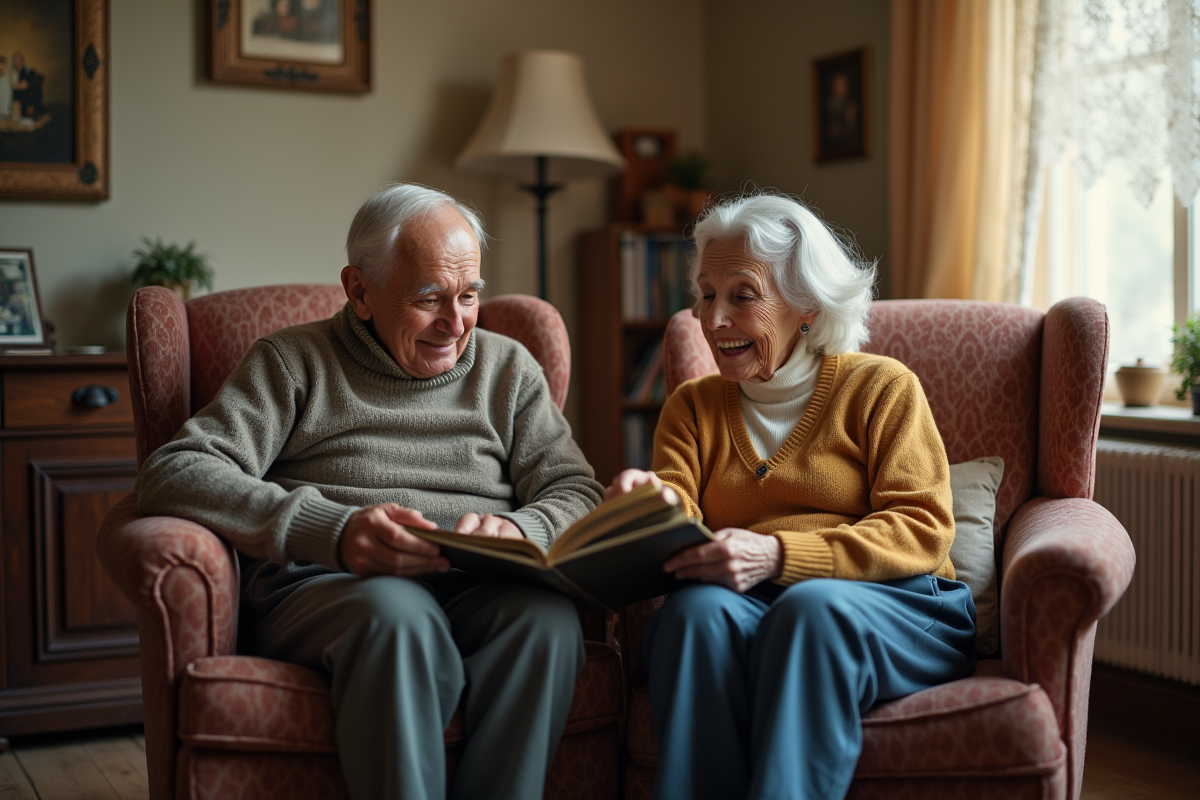 Couple âgé regardant un album photo dans un salon chaleureux