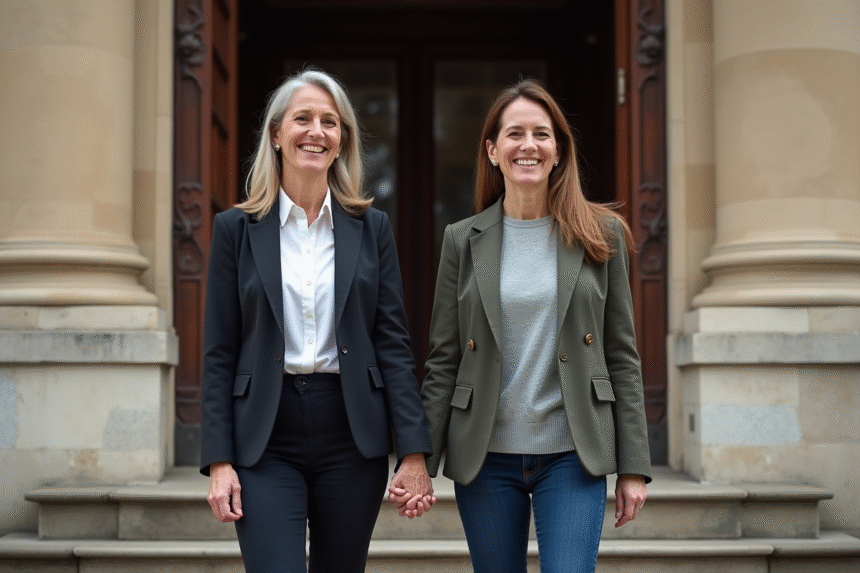 Couple de femmes souriantes devant un tribunal français