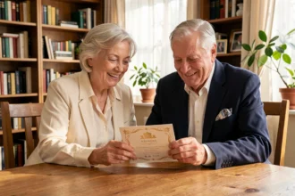 Couple âgé examinant une invitation de noces d'or autour d'une table en bois dans un salon chaleureux