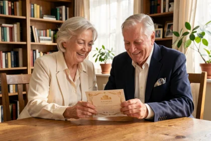 Couple âgé examinant une invitation de noces d'or autour d'une table en bois dans un salon chaleureux