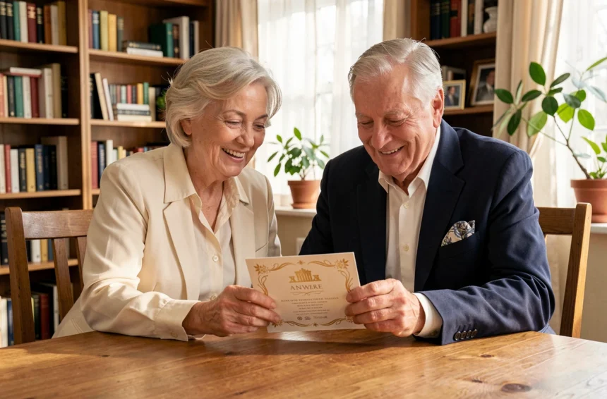Couple âgé examinant une invitation de noces d'or autour d'une table en bois dans un salon chaleureux