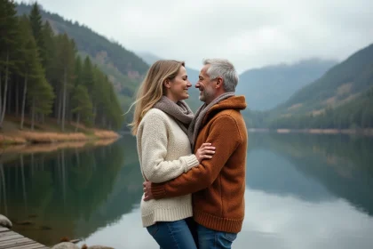 Couple dans la quarantaine sur un pont en bois au bord du lac