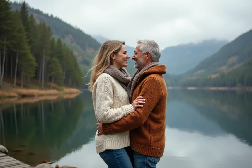 Couple dans la quarantaine sur un pont en bois au bord du lac