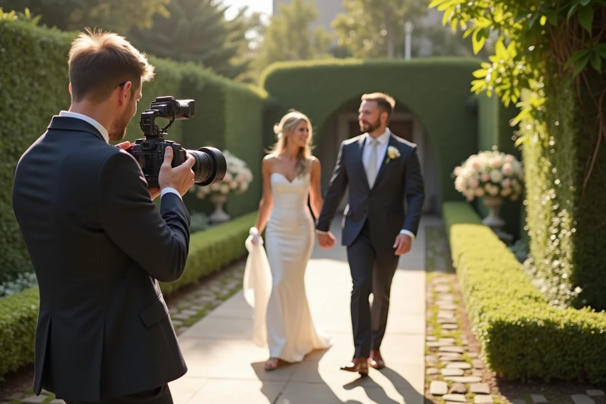 Photographe capturant un couple dans un jardin ensoleille
