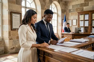 Couple mixte examinant des documents officiels au guichet d'une mairie française pour un mariage légal