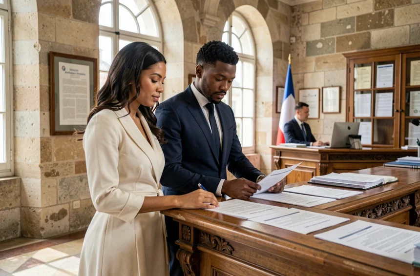 Couple mixte examinant des documents officiels au guichet d'une mairie française pour un mariage légal