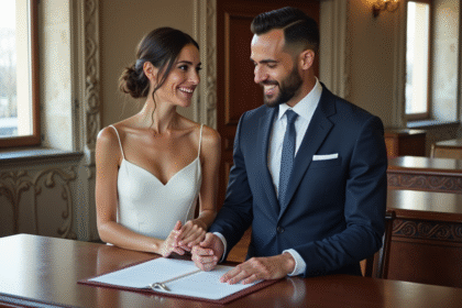 Jeune couple interracial signant mariage dans une mairie historique