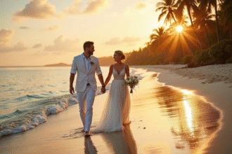 Jeune couple marié main dans la main sur une plage tropicale au coucher du soleil