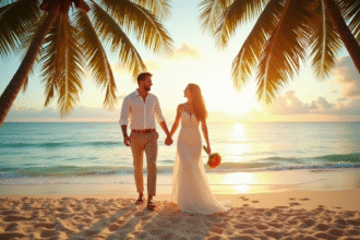 Couple de jeunes mariés main dans la main sur une plage tropicale au coucher du soleil