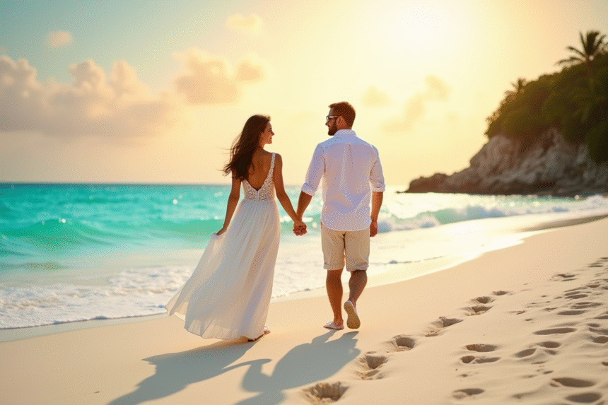 Jeune couple heureux sur la plage tropicale au coucher du soleil