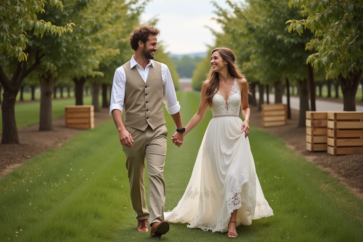Couple marchant main dans la main dans un verger rustique