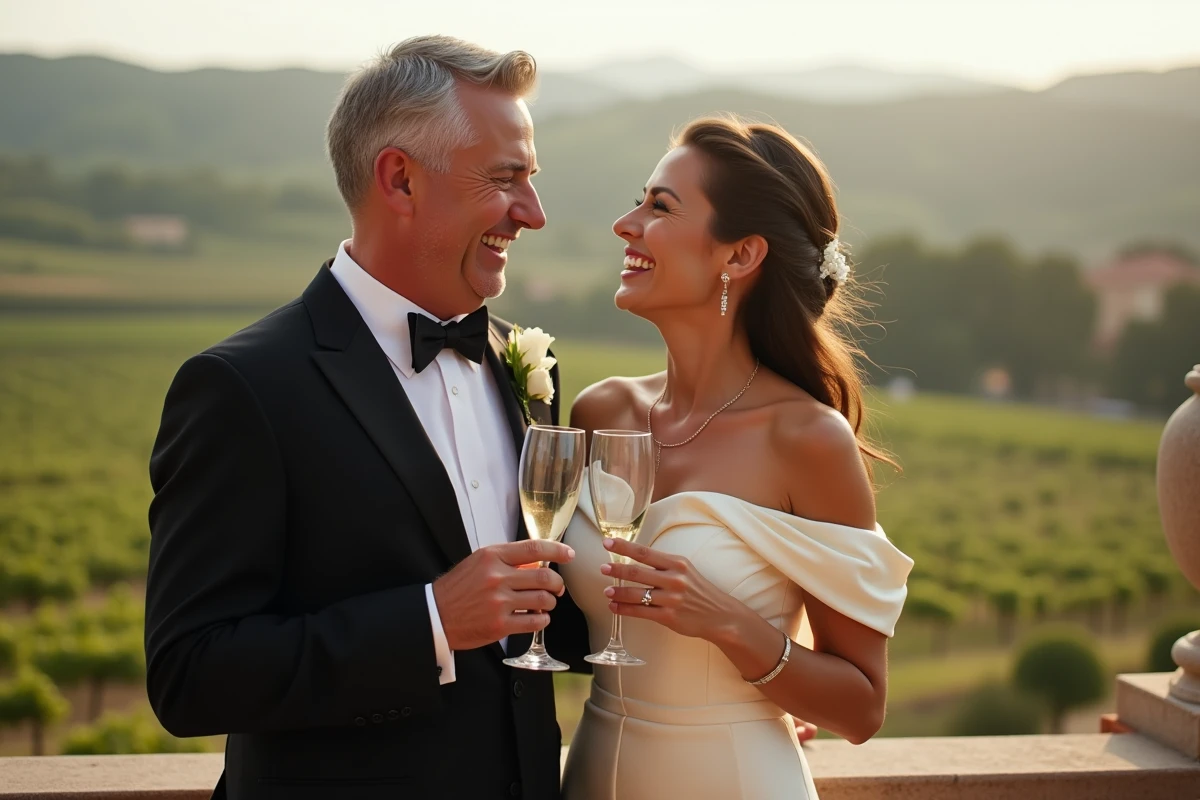 Couple élégant en tenue de mariage riant sur une terrasse avec vue sur un vignoble du sud de la France