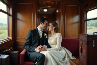 Jeune couple marié voyageant en train vintage romantique