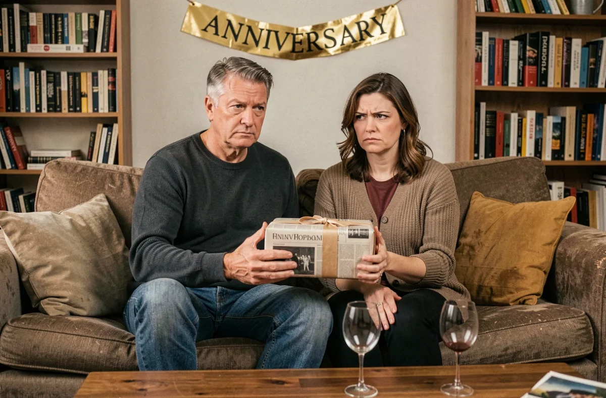 Couple marié dans les années 40 sur un canapé avec cadeau emballé dans du journal et expression comique pour leur anniversaire