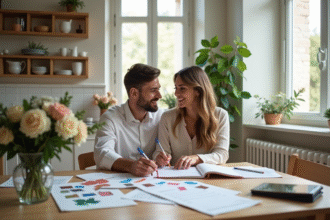 Couple organisant le mariage à la maison avec matériaux