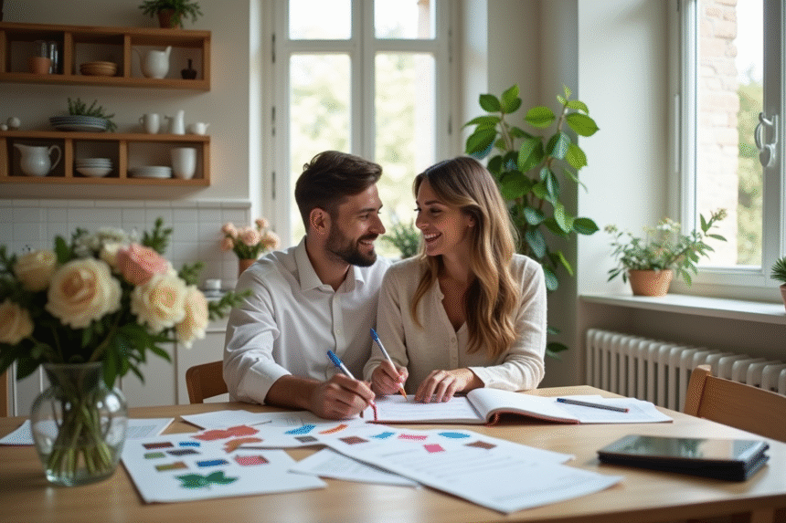 Couple organisant le mariage à la maison avec matériaux