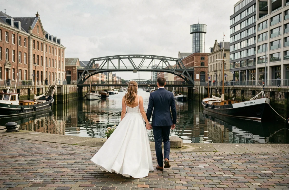 Couple de mariés se promenant au bord du canal de Caen, architecture normande et reflets sur l'eau en arrière-plan