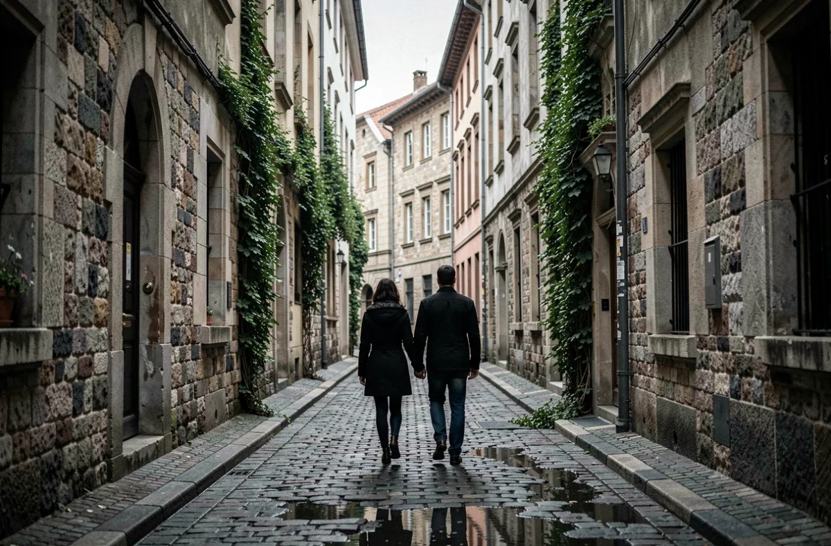 Couple mystérieux silhouette ruelle pavée Europe anonymat vie privée célébrité assumée