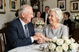 Couple de personnes âgées célébrant 70 ans de mariage, noce de platine, tenant leurs mains à une table décorée de roses blanches et d'ornements argentés