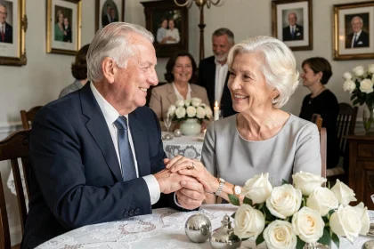 Couple de personnes âgées célébrant 70 ans de mariage, noce de platine, tenant leurs mains à une table décorée de roses blanches et d'ornements argentés