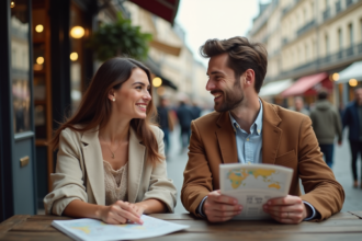 Jeune couple à Paris partageant une carte en terrasse