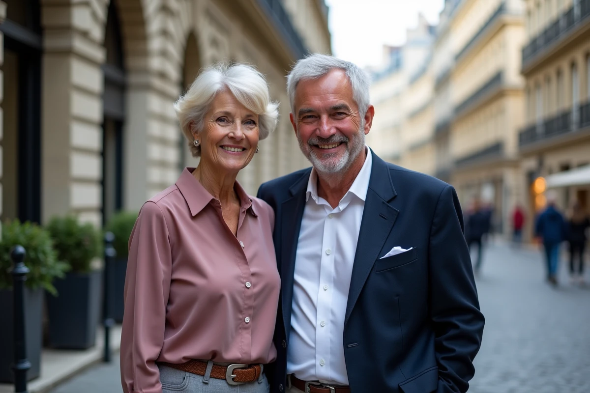 Couple élégant devant un immeuble haussmannien parisien, sourires naturels illustrant une relation publique et personnelle