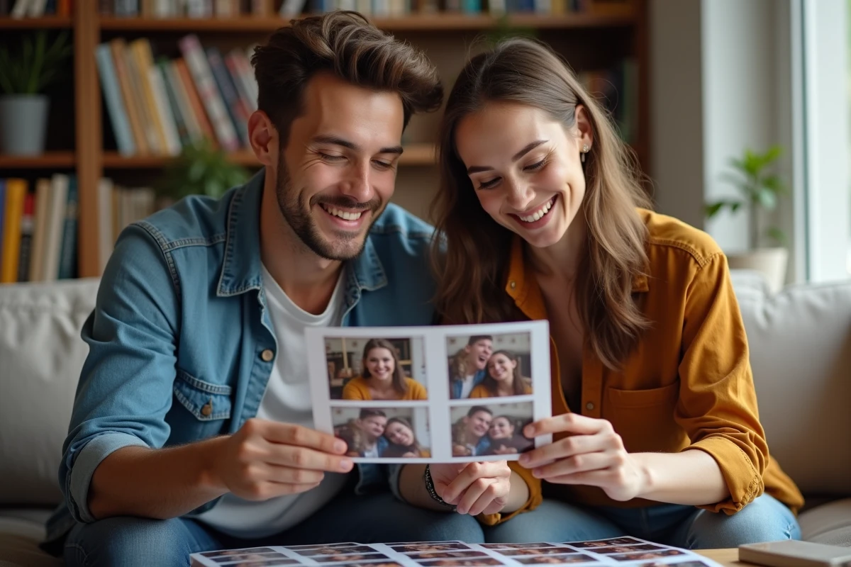 Couple regardant des photos imprimées par un photobooth KRUU dans un salon après un événement
