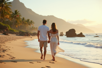 Jeune couple marche sur la plage hawaienne ensoleillee