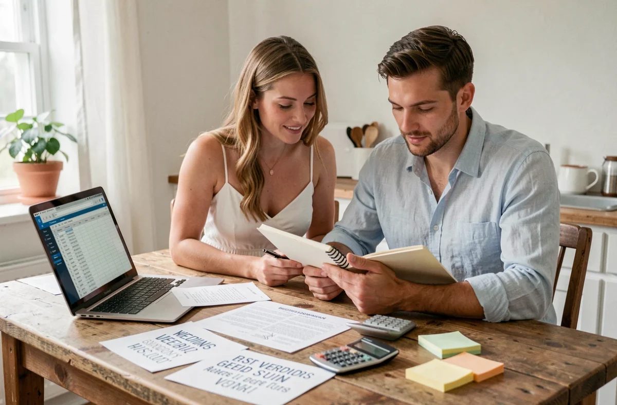 Couple de futurs mariés planifiant leur budget de mariage avec un cahier de notes et des devis de prestataires