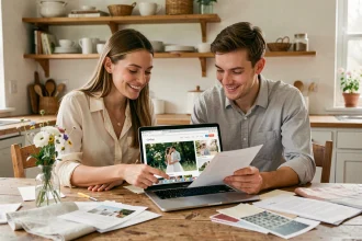 Couple planifiant leur mariage à petit budget avec un ordinateur portable et des documents de planification sur une table en bois