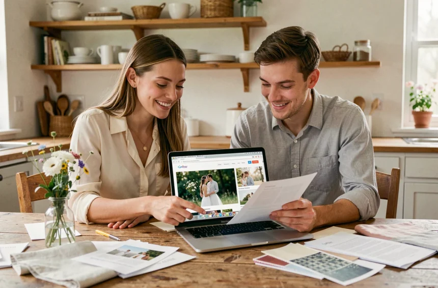 Couple planifiant leur mariage à petit budget avec un ordinateur portable et des documents de planification sur une table en bois