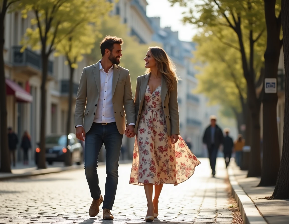 Couple élégant se promenant sur un boulevard parisien en fleurs, évoquant une histoire d'amour discrète et raffinée dans la capitale française