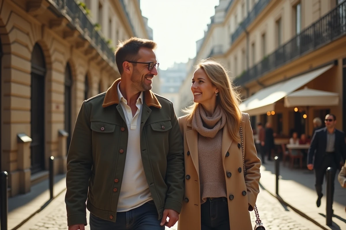 Couple se promenant dans une rue parisienne, illustration d'un article sur la vie privée et le compagnon de Charlotte d'Ornellas