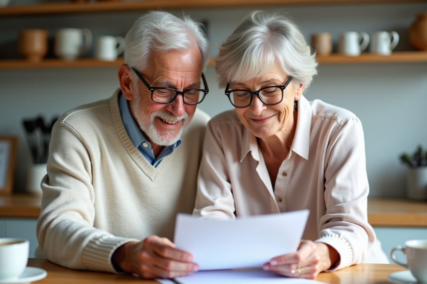 Couple mature souriant en préparant la retraite à la maison